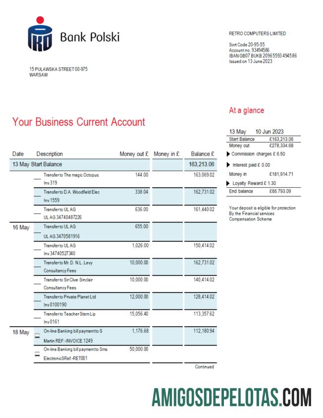 Em branco PKO Bank Polski Corporate Statement Word And PDF modelo